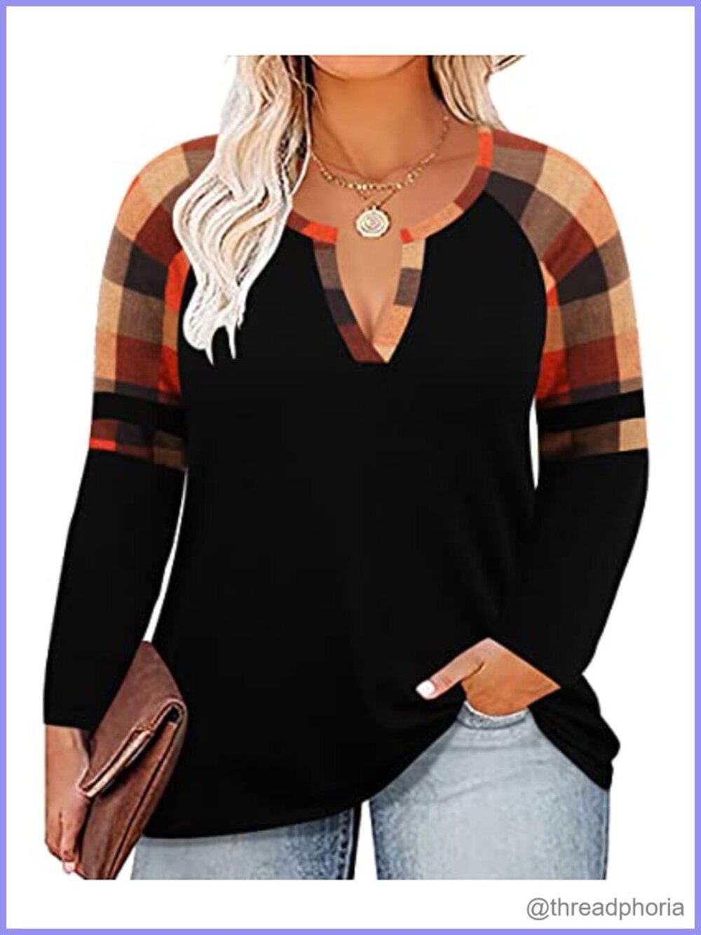 Plus Size Long Sleeve Tunic Top V-Neck Color Block Loose Fit Casual Fall Winter